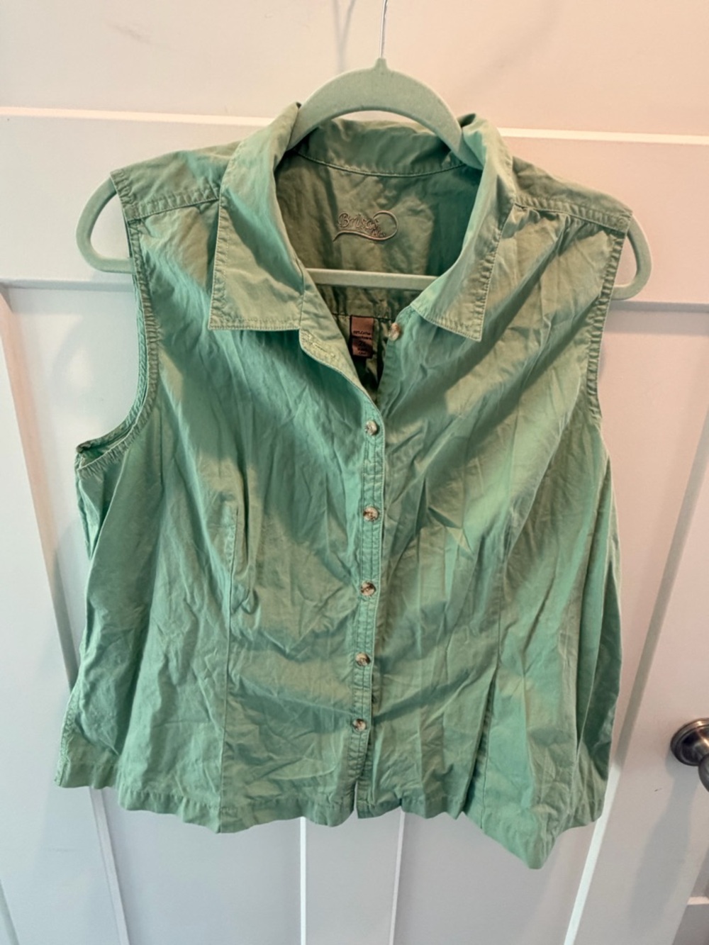 Brisas Plus Size 2X Sleeveless Button Up Blouse Green Cotton Collared Top